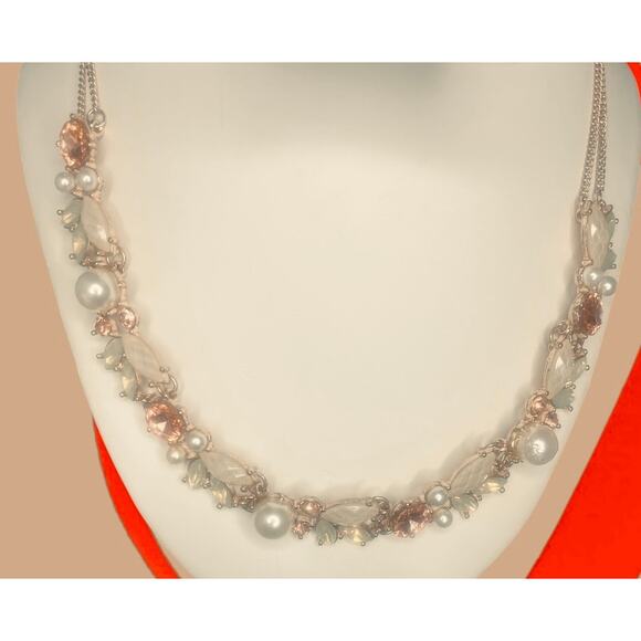 Statement Necklace Faux Pearls, Peach and White Crystals 16” w/ 4” ext - Picture 2 of 6
